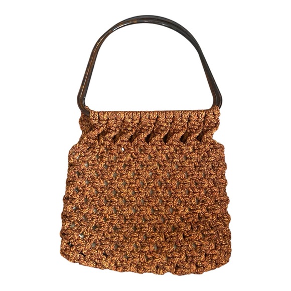 Handbags - Vintage 1970s Orange Macrame Handbag Purse With Acrylic Handle Reteo Boho MCM